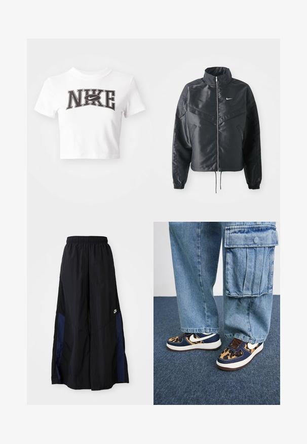 Casaco preto curto com colarinho alto, fecho de zip, punhos em elastano e um logótipo Nike branco. Tecido suave e brilhante com uma superfície ligeiramente texturizada.; T-shirt branco cropped de algodão com estampa gráfica em preto "NIKE" e decote redondo. Mangas curtas e ajuste clássico.; Calças largas pretas feitas de tecido leve, com um painel lateral azul-marinho e cintura elástica. Pequeno logótipo branco na parte inferior.; Sapatilhas azul-marinho com detalhes em padrão de leopardo, swoosh branco da Nike, atacadores castanhos e sola intermédia branca. Combinadas com calças cargo de denim claro.