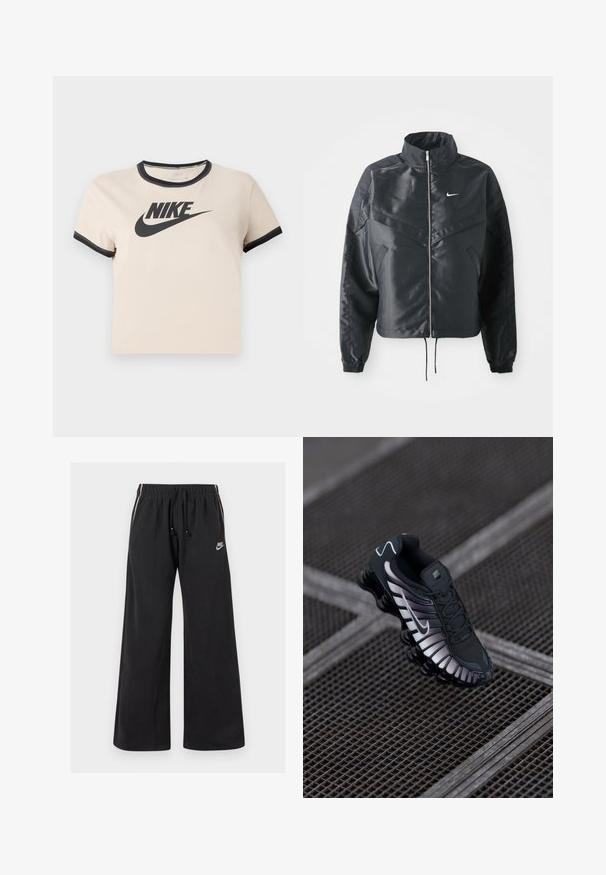 Juoda trumpa striukė su aukštu coloru, užtrauktuku, elastaniniu rankogaliu ir balta Nike logotipu. Lygus, blizgus audinys su šiek tiek tekstūruotu paviršiumi.; Šviesiai beige medvilnės marškinėliai su juodu apvaliu iškirpimu ir rankogaliais. Pirmoje pusėje yra ryškus juodas Nike logotipas.; Juodos sportinės kelnės, pagamintos iš minkštos medžiagos, su elastingu juosmeniu ir virvute, šoninėmis juostomis ir maža logotipu kairėje priekyje.; Juodas sportinis batai su tekstūruotu tinkliniu pamušalu, sidabro akcentais, arko parama ir paminkštintu padu, turinčiu aiškiai išskirtą segmentuotą dizainą.