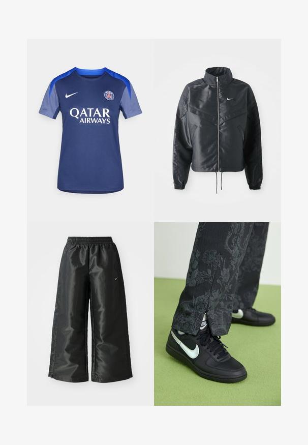 Crna kratka jakna s visokim ovratnikom, zatvaranjem na patentni zatvarač, elastinim rukavima i bijelim Nike logom. Glatka, sjajna tkanina s lagano teksturiranom površinom.; Tamno plavi Nike nogometni dres s okruglim izrezom, kratkim rukavima i sivoj akcentima. Ispisano "QATAR AIRWAYS" u bijeloj boji. Grb tima na prsima.; Crne sportske hlače od sjajnoga, glatkog materijala, s elastičnim pojasom, širokim nogavicama i malim logom na lijevoj strani.; Crne tenisice sa srebrnim Nike logom, s glatkim kožnim gornjim dijelom i teksturiranim gumenim potplatom. Hlače s cvjetnim uzorkom, tamno siva tkanina.