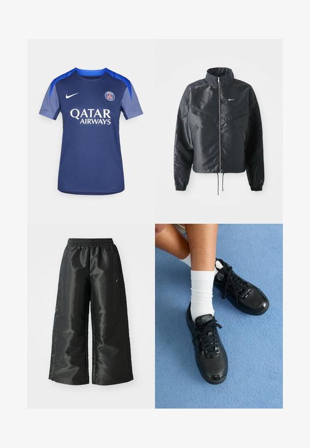 Černá zkrácená bunda s vysokým límcem, zipovým zapínáním, elastickými manžetami a bílým logem Nike. Hladká, lesklá látka s mírně strukturovaným povrchem.; Námořnicky modrý fotbalový dres Nike s kulatým výstřihem, krátkými rukávy a šedými akcenty. Na boku je vytištěn nápis "QATAR AIRWAYS" bílou barvou. Na hrudi se nachází logo týmu.; Černé sportovní kalhoty z lesklé, hladké látky, s elastickým páskem, širokými nohavicemi a malým logem na levé straně.; Černé tenisky Nike mají texturovaný svršek, lesklé akcenty a kulaté tkaničky. Jsou doplněny o bílé žebrované ponožky na světle modrém povrchu.