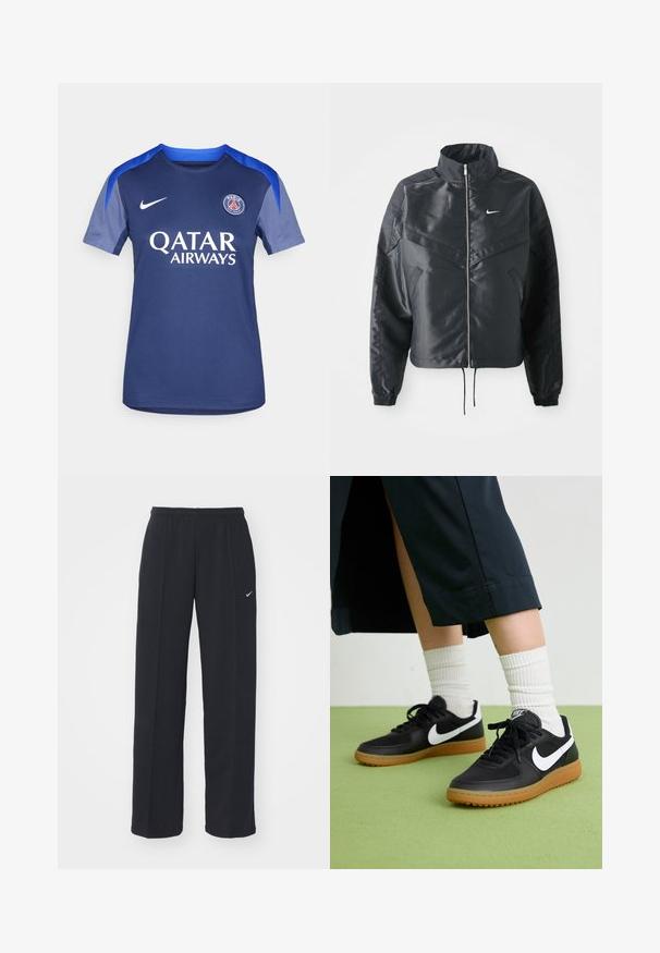 Casaco preto curto com colarinho alto, fecho de zip, punhos em elastano e um logótipo Nike branco. Tecido suave e brilhante com uma superfície ligeiramente texturizada.; Camisa de futebol Nike azul-marinho com gola redonda, mangas curtas e detalhes em cinza. "QATAR AIRWAYS" impresso em branco. Logótipo da equipa no peito.; Calças de jogging Nike pretas com uma cintura elástica e bolsos laterais, apresentando um pequeno logótipo branco na perna esquerda e um corte reto.; Sapatilhas pretas em couro e sintético com o logo da Nike em branco, sola de borracha tipo goma, bico redondo e atacadores pretos. Meias brancas com frunces visíveis.