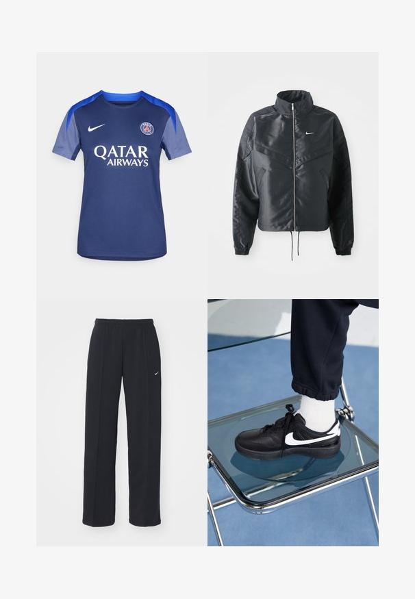 Jachetă croppată neagră cu guler înalt, închidere cu fermoar, manșete din elastan și un logo alb Nike. Material neted, lucios, cu o suprafață ușor texturată.; Tricou de fotbal Nike de culoare bleu marin, cu guler rotund, mâneci scurte și accente gri. "QATAR AIRWAYS" imprimat în alb. Logo-ul echipei este plasat pe piept.; Pantaloni jogger Nike negri cu talie elastică și buzunare laterale, având un mic logo alb pe piciorul stâng și un design drept.; Adidași negri Nike cu accente albe, cu o textură de piele netedă, design cu șireturi și vârf rotunjit, așezați pe un scaun din sticlă.