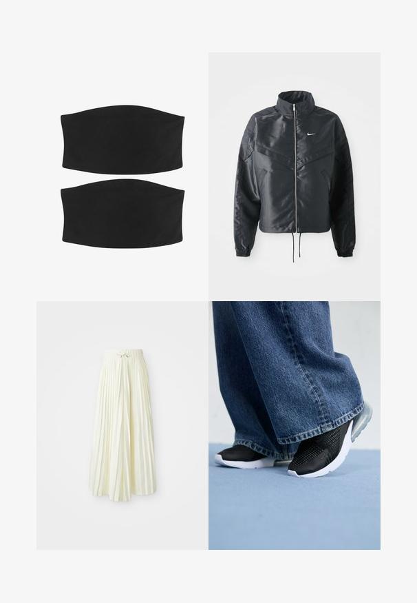Melna apgriezta jaka ar augstu apkakli, rāvējslēdzēja aizdari, elastīna aprocēm un baltu Nike logo. Gluda, spīdīga auduma ar nedaudz teksturētu virsmu.; Divas diviņas melni auduma galvas saites ar bezšuvju, gludu tekstūru un izliekumu, piemērotas dažādiem matu stiliem un aktivitātēm.; Gaiši dzeltena plisēta midi svārku, kurai ir elastīga josta ar saišu, gluda tekstūra un vertikālas svītras papildu detaļām.; Melni sporta apavi ar sietiņu detaļām, baltu zoli un redzamu gaisa amortizāciju, saskaņoti ar zilu džinsiem ar platajiem galiem.