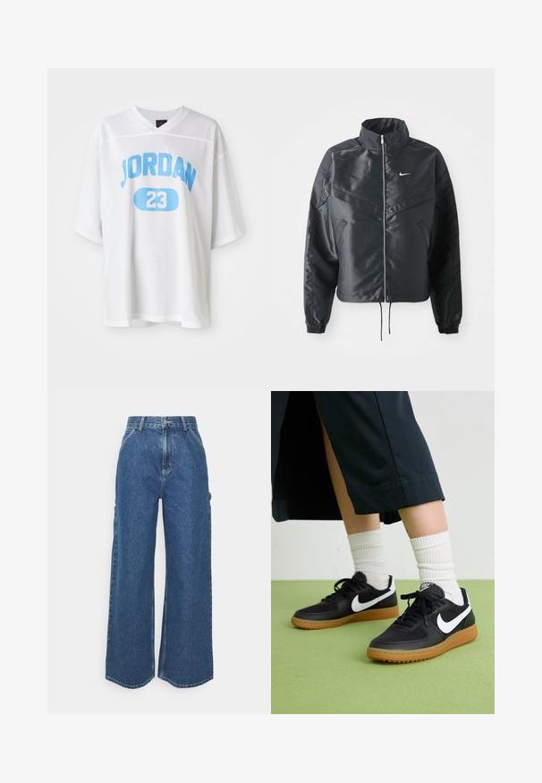 Melna apgriezta jaka ar augstu apkakli, rāvējslēdzēja aizdari, elastīna aprocēm un baltu Nike logo. Gluda, spīdīga auduma ar nedaudz teksturētu virsmu.; Balts acs uzlikts džersijs ar īsām piedurknēm, kuram ir zils "JORDAN" teksts un "23" ovālā formā. Viegls, elpojošs audums, pārāk liels izmērs.; Platleņķa zili džinsi ar augstu jostasvietu, kontrastējošām šuvēm un sānu kabatām, ar klasisku piecu kabatu dizainu un neapstrādātiem malām.; Melna āda un sintētiska materiāla sporta apavi ar baltu Nike logo, gumijas zole, apaļa purngala forma un melni šņores. Redzamas ribotas baltas zeķes.