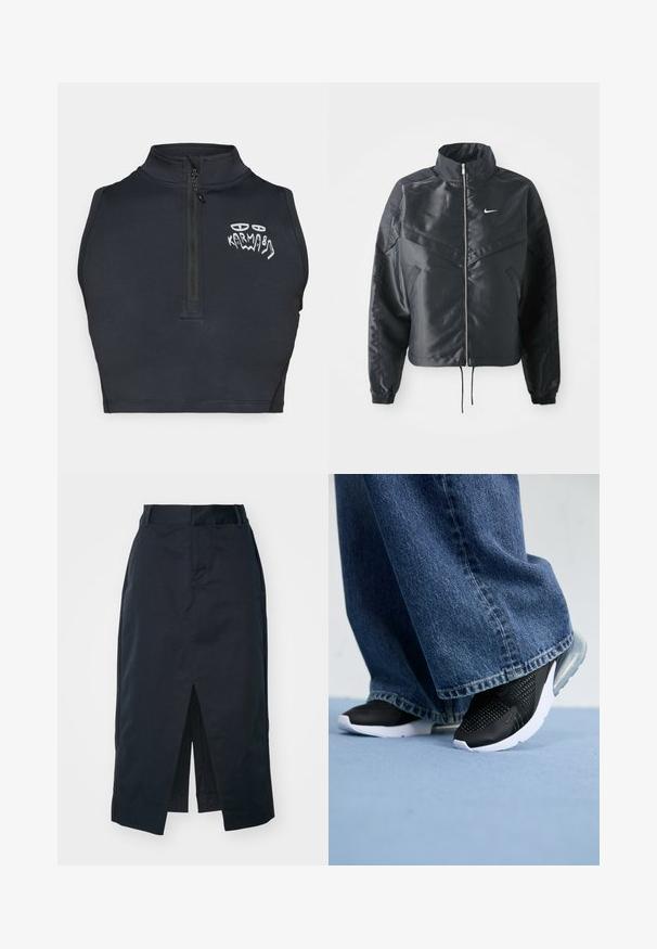 Chaqueta negra corta con cuello alto, cierre de cremallera, puños de elastano y un logo de Nike en blanco. Tejido suave y brillante con una superficie ligeramente texturizada.; Top corto sin mangas negro con cuello alto, cierre de cuarto en la parte delantera y gráfico abstracto blanco de "Karma" en el lado izquierdo del pecho.; Falda midi en azul marino oscuro, confeccionada con una mezcla de algodón, que presenta una abertura frontal, cremallera oculta y bolsillos laterales para mayor funcionalidad.; Zapatillas deportivas negras con detalles de malla, suela blanca y amortiguación de aire visible, combinadas con jeans de pierna ancha de mezclilla azul.