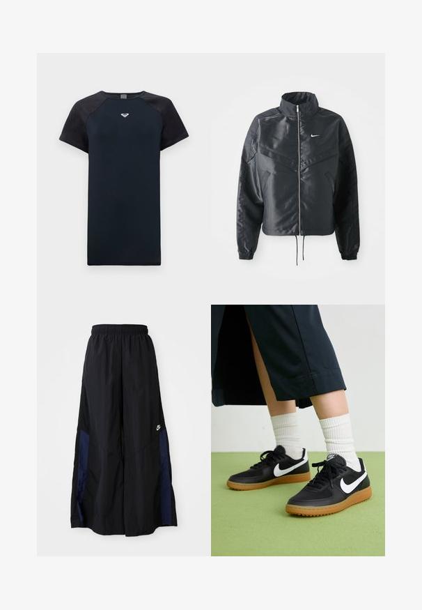 Casaco preto curto com colarinho alto, fecho de zip, punhos em elastano e um logótipo Nike branco. Tecido suave e brilhante com uma superfície ligeiramente texturizada.; T-shirt de manga curta azul marinho com mangas raglan pretas, textura suave e um logótipo central. Apresenta um decote redondo e um corte descontraído.; Calças largas pretas feitas de tecido leve, com um painel lateral azul-marinho e cintura elástica. Pequeno logótipo branco na parte inferior.; Sapatilhas pretas em couro e sintético com o logo da Nike em branco, sola de borracha tipo goma, bico redondo e atacadores pretos. Meias brancas com frunces visíveis.