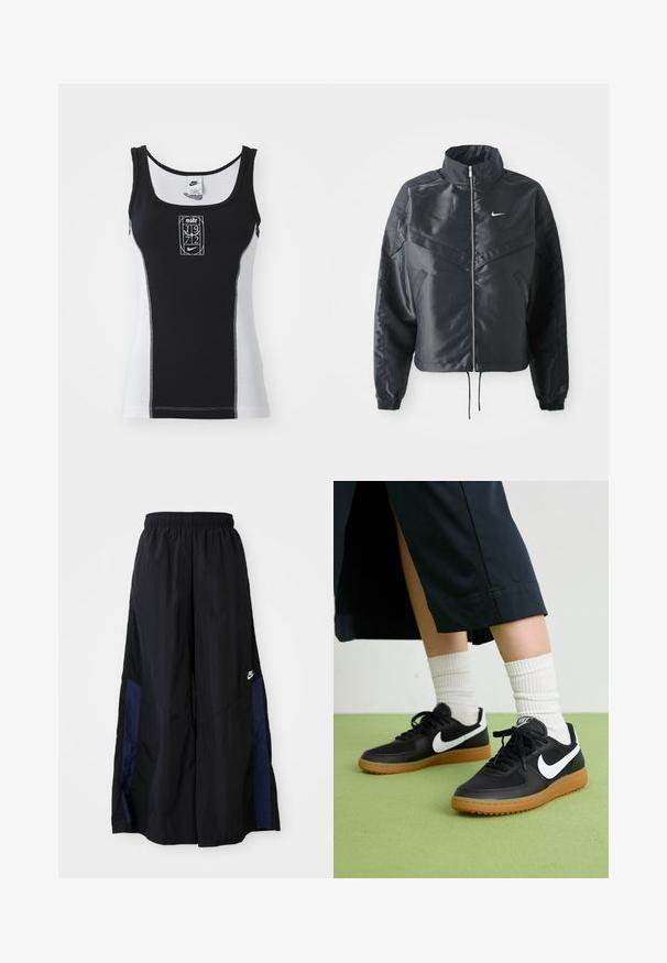 Must kolledžiga must lühike jope, millel on lukuga sulgus, elastne mansett ja valge Nike logo. Sile, läikiv kangas, millel on veidi tekstureeritud pind.; Mustvalge tank top ümmarguse kaelusega, nähtava õmblusega, esiosas logodetailiga ja liibuv disain. Valmistatud elastse kangaga.; Mustad laiad mustad püksid kergest kangast, millel on tumesinine külgpaneel ja elastne vöökoht. Väike valge logo allservas.; Mustad nahast ja sünteetilised sneekerid valge Nike logoga, kummist gumme, ümar nina ja mustad paelad. Näha ribakujulisi valgeid sokke.