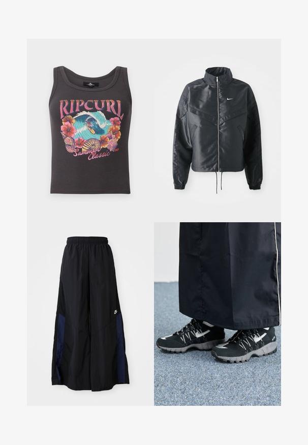 Sort cropped jakke med høj krave, lynlås lukning, elastiske manchetter og et hvidt Nike-logo. Glat, blankt stof med en let struktureret overflade.; Mørkegrå ribbet tanktop med farverig surf- og blomstergrafik, tekst "Rip Curl Summer Classic 1969" på fronten.; Sorte vide benbukser lavet af letvægtsstof, med et marineblåt sidepanel og en elastisk talje. Lille hvidt logo nederst.; Sorte sportsko med en struktureret overdel, sølvdetaljer og en mønstret ydersål, parret med et langt sort plagg. Sat mod blå tæpper.