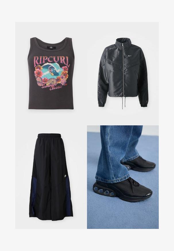 Zwarte cropped jack met hoge kraag, ritsluiting, elastische manchetten en een wit Nike-logo. Glad, glanzend materiaal met een licht gestructureerd oppervlak.; Donkergrijze ribbel tanktop met kleurraf surf- en bloemenafbeelding, tekst "Rip Curl Summer Classic 1969" op de voorkant.; Zwarte wijdlopende broek van lichtgewicht stof, met een marineblauwe zijpaneel en een elastische tailleband. Klein wit logo onderaan.; Zwarte sportieve sneakers met een bovenwerk van mesh, gestructureerde accenten en zichtbare luchtkussentjes in de zool. Gedragen met blauwe denim jeans.