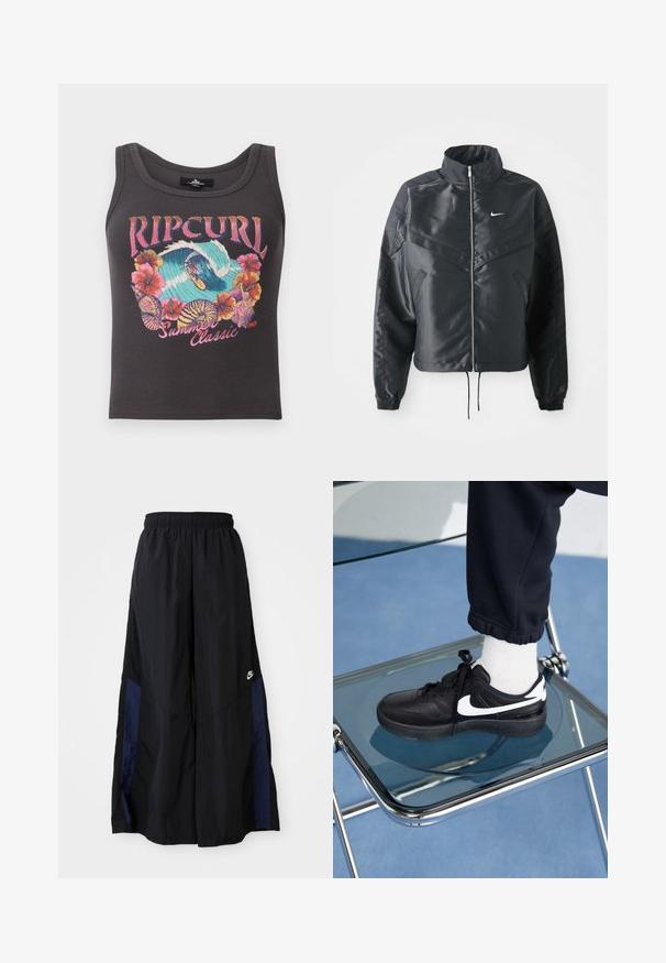 Černá zkrácená bunda s vysokým límcem, zipovým zapínáním, elastickými manžetami a bílým logem Nike. Hladká, lesklá látka s mírně strukturovaným povrchem.; Tmavě šedý žebrovaný tílko s barevným surfovým a květinovým potiskem, text "Rip Curl Summer Classic 1969" vpředu.; Černé kalhoty širokého střihu vyrobené z lehkého materiálu, s námořnickou modrou bočním panelem a elastickým pasem. Malé bílé logo na spodní části.; Černé tenisky Nike s bílými akcenty, s hladkou koženou texturou, šněrovacím designem a zaoblenou špičkou, umístěné na skleněné židli.