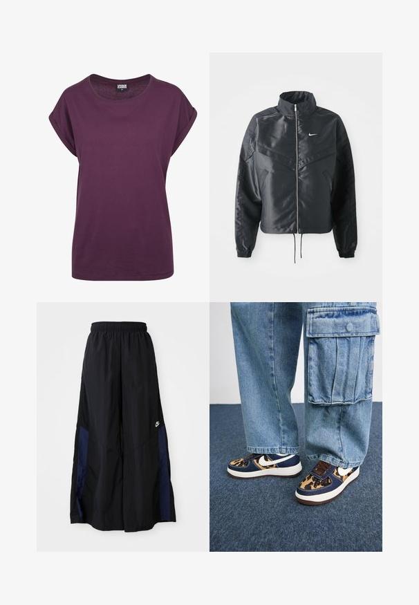 Svart cropped jakke med høy krage, glidelåsåpning, elastiske mansjetter og en hvit Nike-logo. Glatt, shiny stoff med en lett teksturert overflate.; Lilla bomull t-skjorte, løs passform, rund hals, opptrulte korte ermer og rett søm. Minimalistisk design uten synlige mønstre eller detaljer.; Svarte vide bukser laget av lett stoff, med et marineblått sidestykke og elastisk midjebånd. Liten hvit logo nederst.; Mørkeblå sneakers med leopardmønstrede detaljer, hvit Nike-svosh, brune snører og hvit mellomsåle. Kombinert med lyse denim cargo-bukser.