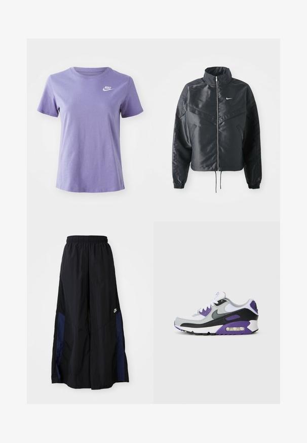 Fekete, rövidített dzseki magas gallérral, cipzáras záródással, elasztikus mandzsettákkal, és fehér Nike logóval. Simább, fényes anyag, enyhén textúrázott felülettel.; Lila pamut póló rövid ujjakkal és kerek nyakkivágással, a bal mellrészen fehér Nike logóval.; Fekete, bő szárú nadrág könnyű anyagból, tengerészkék oldalsó panellel és elasztikus derékkal. Kicsi fehér logó az alján.; Nike Air Max sportcipő szürke, fekete és lila színkombinációban. Jellemzője a hálós felsőrész, a látható légpárnázás és a texturált gumi talp.