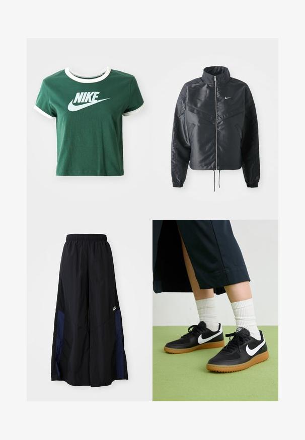 Svart cropped jakke med høy krage, glidelåsåpning, elastiske mansjetter og en hvit Nike-logo. Glatt, shiny stoff med en lett teksturert overflate.; Grønn bomull t-skjorte med hvite detaljer, korte ermer og ribbet krage. Har et stort hvitt Nike-logo på forsiden.; Svarte vide bukser laget av lett stoff, med et marineblått sidestykke og elastisk midjebånd. Liten hvit logo nederst.; Sorte lær- og syntetiske joggesko med hvit Nike swoosh, gummisåle, rund tå og sorte lisser. Ribbet hvite sokker synlige.