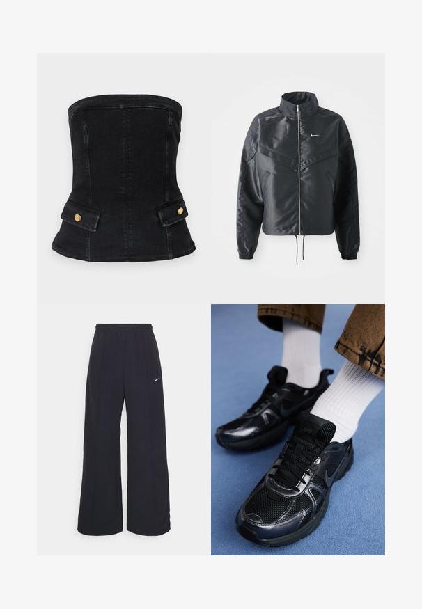 Black cropped jacket with high collar, zip closure, elastane cuffs, and a white Nike logo. Smooth, shiny fabric with a slightly textured surface.; Black denim strapless corset with a fitted design, featuring gold hardware accents and two front pockets. Smooth texture, structured shape.; Black wide-leg pants with an elastic waistband and a small white Nike logo. Fabric has a smooth texture, designed for comfort and casual wear.; Black Nike sports shoes feature a mesh upper with shiny accents, black laces, and a textured sole. Paired with white ribbed socks.