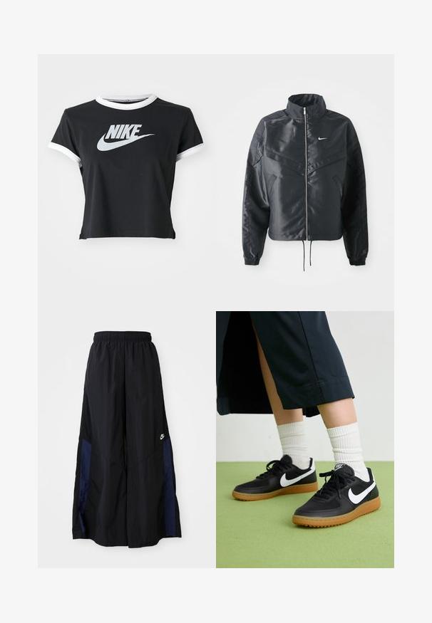 Must kolledžiga must lühike jope, millel on lukuga sulgus, elastne mansett ja valge Nike logo. Sile, läikiv kangas, millel on veidi tekstureeritud pind.; Musthave musta lühike T-särk, mis on valmistatud pehmest puuvillast, millel on valge lagede serv ja mansettide aktsendid, ning esiosas silmapaistev valge Nike logo.; Mustad laiad mustad püksid kergest kangast, millel on tumesinine külgpaneel ja elastne vöökoht. Väike valge logo allservas.; Mustad nahast ja sünteetilised sneekerid valge Nike logoga, kummist gumme, ümar nina ja mustad paelad. Näha ribakujulisi valgeid sokke.