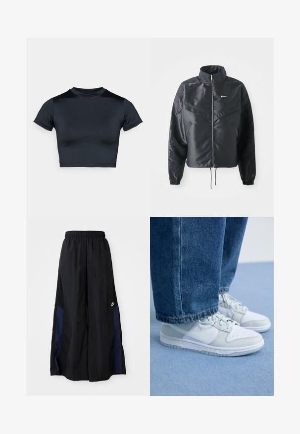 Svart cropped jakke med høy krage, glidelåsåpning, elastiske mansjetter og en hvit Nike-logo. Glatt, shiny stoff med en lett teksturert overflate.; Kortermet cropped topp i mørk marineblå, laget av glatt, stretchstoff. Har rund hals og minimale sømdetaljer. Ingen synlige logoer.; Svarte vide bukser laget av lett stoff, med et marineblått sidestykke og elastisk midjebånd. Liten hvit logo nederst.; Nike-sko i hvit og lys grå lær med perforert tå, flate lisser og gummisåle, sammen med blå denimjeans.