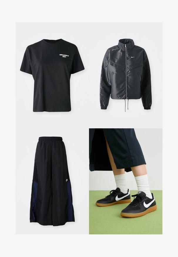 Giacca nera cropped con colletto alto, chiusura a zip, polsini in elastan e logo Nike bianco. Tessuto liscio e lucido con una superficie leggermente texturizzata.; T-shirt in cotone nero con scollatura rotonda e maniche corte. Presenta un logo grafico bianco sulla parte sinistra del petto.; Pantaloni neri a gamba larga realizzati in tessuto leggero, con un pannello laterale blu navy e una cintura elastica. Piccolo logo bianco sul fondo.; Sneaker in pelle nera e sintetica con logo Nike bianco, suola in gomma, punta rotonda e lacci neri. Calze bianche a righe visibili.