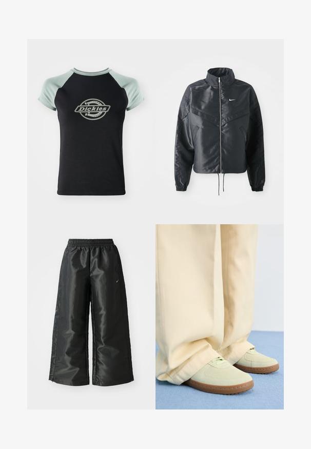 Svart cropped jakke med høy krage, glidelåsåpning, elastiske mansjetter og en hvit Nike-logo. Glatt, shiny stoff med en lett teksturert overflate.; Svart t-skjorte med lysegrønne raglanermer. Har en sentral sirkulær logo med teksten "Dickies" i tau-design. Myk tekstur på stoffet.; Svarte treningsbukser med en blank, glatt stoff, som har et elastisk liv, vide ben og en liten logo på venstre side.; Grønne semskede sneakers med runde tåspidser og teksturerede såler, parret med brede beige bukser, på en blå overflade.