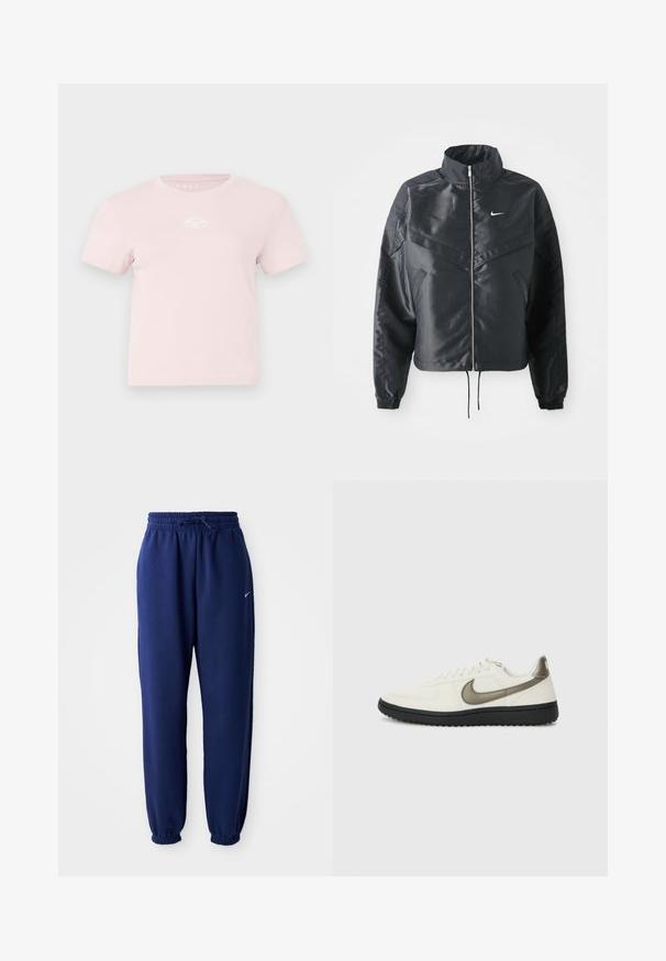 Juoda trumpa striukė su aukštu coloru, užtrauktuku, elastaniniu rankogaliu ir balta Nike logotipu. Lygus, blizgus audinys su šiek tiek tekstūruotu paviršiumi.; Rožinė medvilninė marškinė su trumpomis rankovėmis, apvali kaklo iškirptė ir mažas baltas logotipas ant krūtinės. Lygus paviršius ir laisvalaikio dizainas.; Tamsiai mėlynos sportinės kelnės, pagamintos iš minkštos medžiagos, su elastingu juosmeniu ir raišteliu, elastinėmis rankovėmis ir mažuoju baltu logotipu.; Nike Sportswear FIELD GENERAL - Sportbačiai - off-white/black