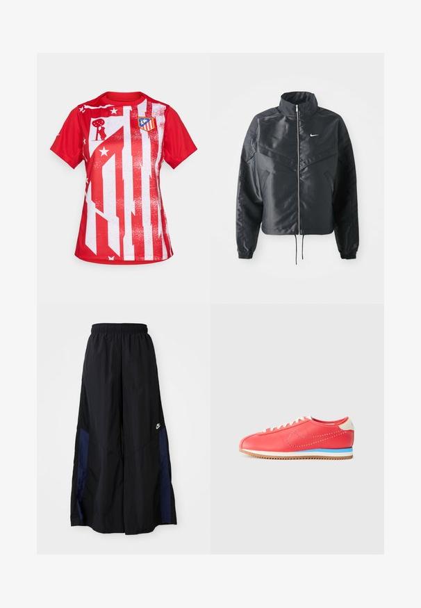 Černá zkrácená bunda s vysokým límcem, zipovým zapínáním, elastickými manžetami a bílým logem Nike. Hladká, lesklá látka s mírně strukturovaným povrchem.; Červený krátký rukávový dres s bílým pruhovaným designem a hvězdami, s klubovým emblémem na levé straně hrudi, vyrobený z lehkého materiálu.; Černé kalhoty širokého střihu vyrobené z lehkého materiálu, s námořnickou modrou bočním panelem a elastickým pasem. Malé bílé logo na spodní části.; Červené kožené tenisky s perforovaným designem, kontrastní modrou mezipodešví, béžovým akcentem na patě a bílými tkaničkami. Klasický zakřivený tvar.