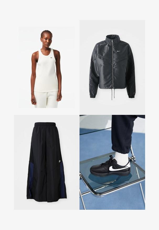 Černá zkrácená bunda s vysokým límcem, zipovým zapínáním, elastickými manžetami a bílým logem Nike. Hladká, lesklá látka s mírně strukturovaným povrchem.; Bílý žebrovaný tílko s kulatým výstřihem a zeleným logem Lacoste na hrudi, v kombinaci s odpovídajícími bílými kalhotami.; Černé kalhoty širokého střihu vyrobené z lehkého materiálu, s námořnickou modrou bočním panelem a elastickým pasem. Malé bílé logo na spodní části.; Černé tenisky Nike s bílými akcenty, s hladkou koženou texturou, šněrovacím designem a zaoblenou špičkou, umístěné na skleněné židli.