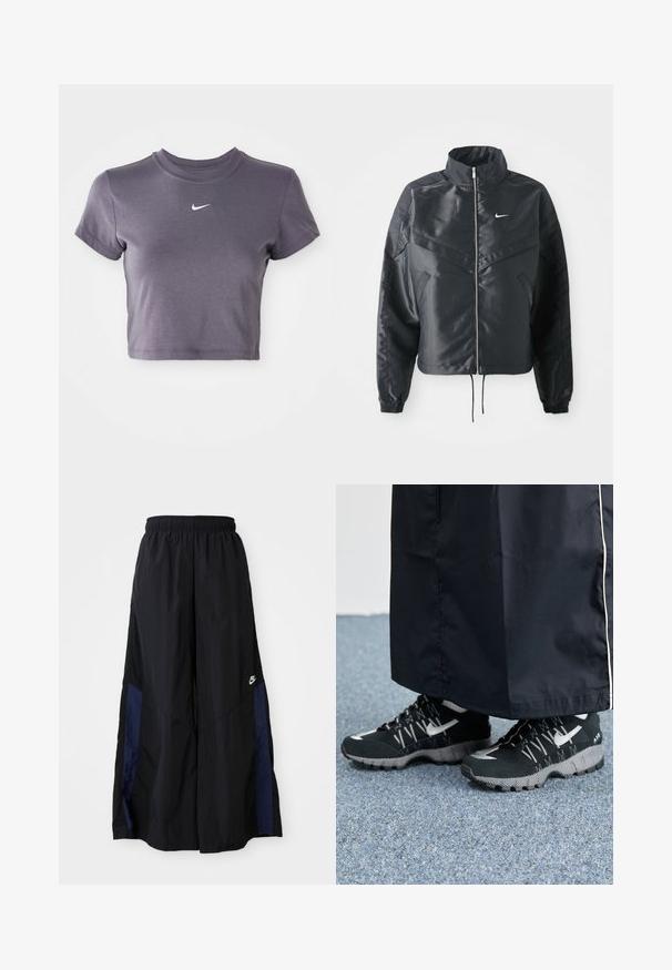 Casaco preto curto com colarinho alto, fecho de zip, punhos em elastano e um logótipo Nike branco. Tecido suave e brilhante com uma superfície ligeiramente texturizada.; T-shirt de mangas curtas e cortada, em algodão cinza escuro, apresentando um logo da Nike em branco no peito e um decote redondo.; Calças largas pretas feitas de tecido leve, com um painel lateral azul-marinho e cintura elástica. Pequeno logótipo branco na parte inferior.; Tênis atléticos pretos com um cabedal texturizado, detalhes prateados e um solado estampado, combinados com uma peça longa preta. Ambientado sobre um tapete azul.