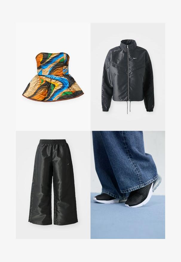 Fekete, rövidített dzseki magas gallérral, cipzáras záródással, elasztikus mandzsettákkal, és fehér Nike logóval. Simább, fényes anyag, enyhén textúrázott felülettel.; Tűzött, pánt nélküli top peplum fazonnal. Élénk színekben mintázva: narancs, kék, zöld és barna egy texturált anyagon.; Fekete sportnadrág fényes, sima anyagból, rugalmas derékkal, széles lábakkal és egy kis logóval a bal oldalon.; Fekete sportcipők hálós részletezéssel, fehér talppal és látható légpárnázással, kék farmer széles szárú nadrággal párosítva.