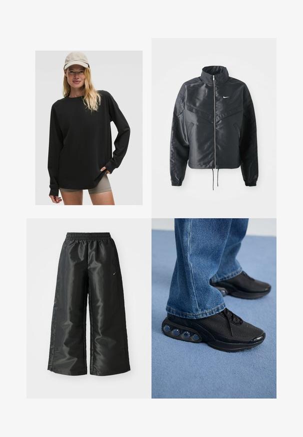 Fekete, rövidített dzseki magas gallérral, cipzáras záródással, elasztikus mandzsettákkal, és fehér Nike logóval. Simább, fényes anyag, enyhén textúrázott felülettel.; Fekete, hosszú ujjú póló, kerek nyakkivágással és laza szabással. Bőrszínű rövidnadrággal párosítva. Puha tapintású és teljes ujjú.; Fekete sportnadrág fényes, sima anyagból, rugalmas derékkal, széles lábakkal és egy kis logóval a bal oldalon.; Fekete sportcipők hálós felsőrésszel, textúrázott részletekkel és a talpban látható lég párnázó zsebekkel. Kék farmernadrággal viselve.