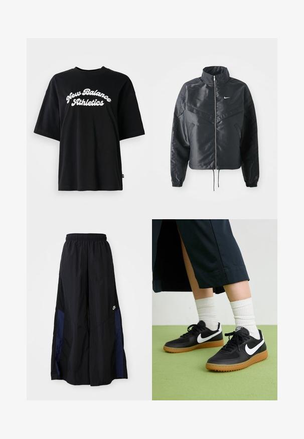 Zwarte cropped jack met hoge kraag, ritsluiting, elastische manchetten en een wit Nike-logo. Glad, glanzend materiaal met een licht gestructureerd oppervlak.; Zwarte katoenen T-shirt met korte mouwen en een ronde hals, met daarin witte tekst "New Balance Athletics" in een gebogen ontwerp.; Zwarte wijdlopende broek van lichtgewicht stof, met een marineblauwe zijpaneel en een elastische tailleband. Klein wit logo onderaan.; Zwarte leren en synthetische sneakers met witte Nike swoosh, rubberen gumzool, ronde neus en zwarte veters. Geribbelde witte sokken zichtbaar.