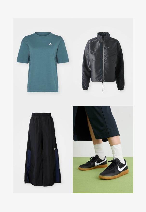 Black cropped jacket with high collar, zip closure, elastane cuffs, and a white Nike logo. Smooth, shiny fabric with a slightly textured surface.; Jordan TEE - Basic T-shirt - oxidized green; Black wide-leg pants made of lightweight fabric, featuring a navy blue side panel and an elastic waistband. Small white logo on bottom.; Black leather and synthetic sneakers with white Nike swoosh, rubber gum sole, round toe, and black laces. Ribbed white socks visible.