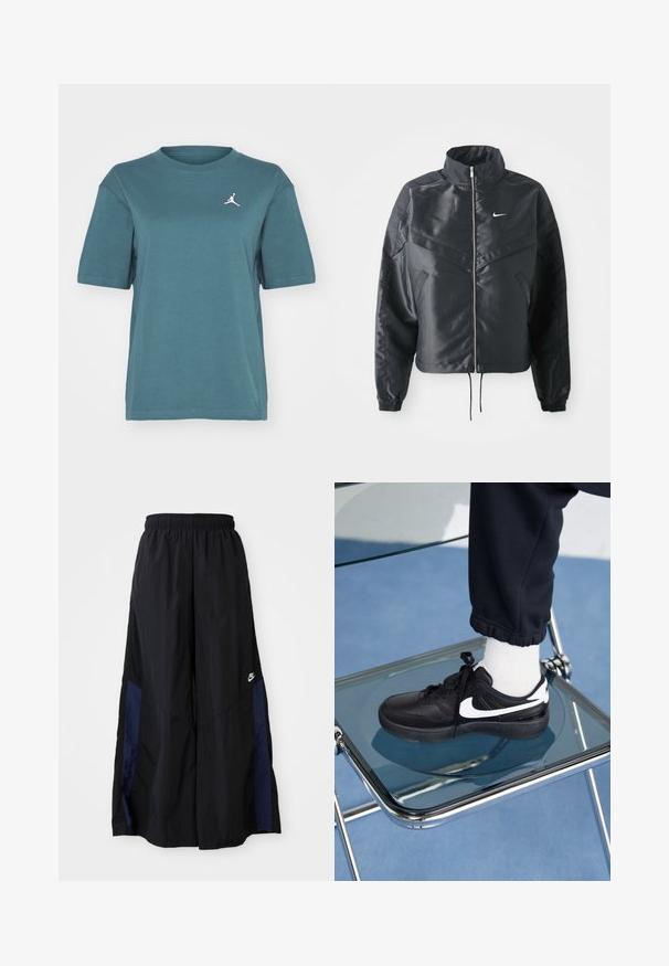 Jachetă croppată neagră cu guler înalt, închidere cu fermoar, manșete din elastan și un logo alb Nike. Material neted, lucios, cu o suprafață ușor texturată.; Jordan TEE - Tricou basic - oxidized green; Pantaloni negri cu croi larg, confecționați dintr-un material ușor, având un panou lateral albastru marin și un brâu elastic. Logo mic alb în partea de jos.; Adidași negri Nike cu accente albe, cu o textură de piele netedă, design cu șireturi și vârf rotunjit, așezați pe un scaun din sticlă.
