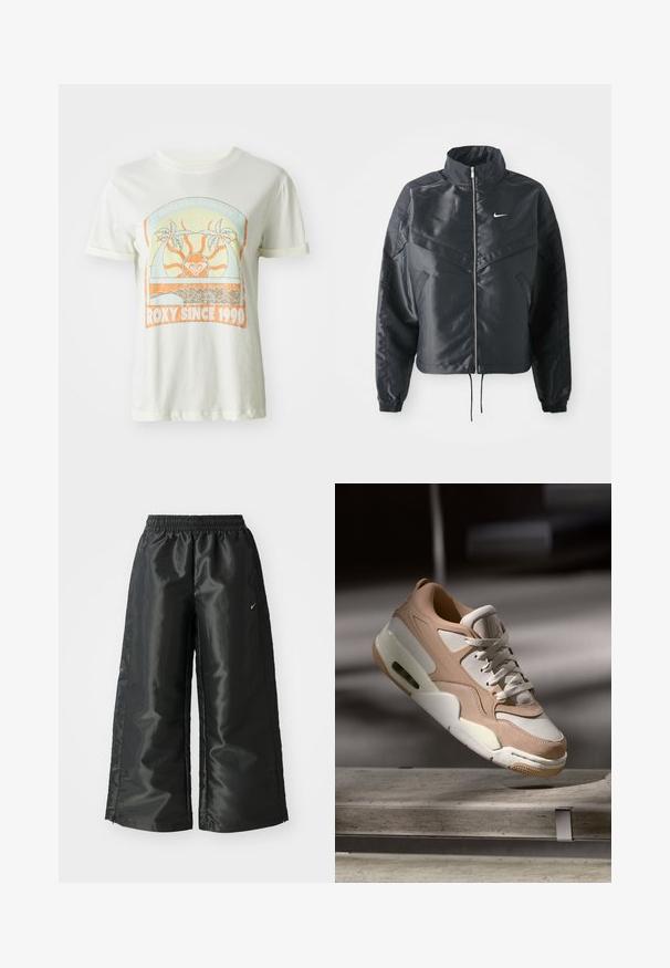 Fekete, rövidített dzseki magas gallérral, cipzáras záródással, elasztikus mandzsettákkal, és fehér Nike logóval. Simább, fényes anyag, enyhén textúrázott felülettel.; Krém színű pamut póló, retró grafikával, pálmafákkal, nappal és "ROXY SINCE 1990" felirattal narancs és teal árnyalatokkal. Rövid ujjú.; Fekete sportnadrág fényes, sima anyagból, rugalmas derékkal, széles lábakkal és egy kis logóval a bal oldalon.; Bézs és fehér sportcipő sima bőr és velúr felülettel, párnázott nyelvvel, fűzős elülső résszel és látható légpárnás egységgel.