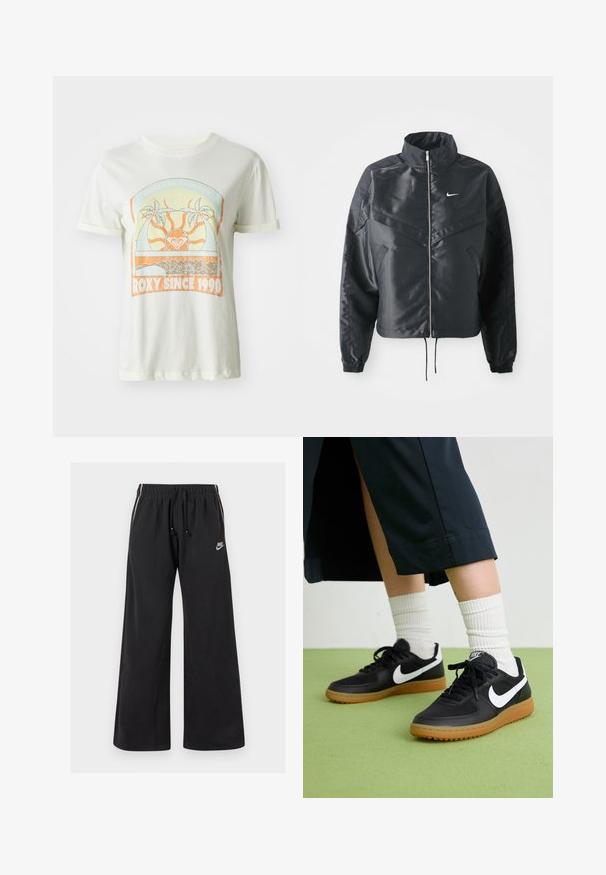 Fekete, rövidített dzseki magas gallérral, cipzáras záródással, elasztikus mandzsettákkal, és fehér Nike logóval. Simább, fényes anyag, enyhén textúrázott felülettel.; Krém színű pamut póló, retró grafikával, pálmafákkal, nappal és "ROXY SINCE 1990" felirattal narancs és teal árnyalatokkal. Rövid ujjú.; Fekete, puha anyagból készült melegítőnadrág, elasztikus derékkal és húzózsinórral, oldalsó csíkokkal és egy kis logóval az elülső bal oldalon.; Fekete bőr és szintetikus sneakers, fehér Nike logo-val, gumi talppal, kerek orral és fekete fűzővel. Csíkos fehér zokni látható.