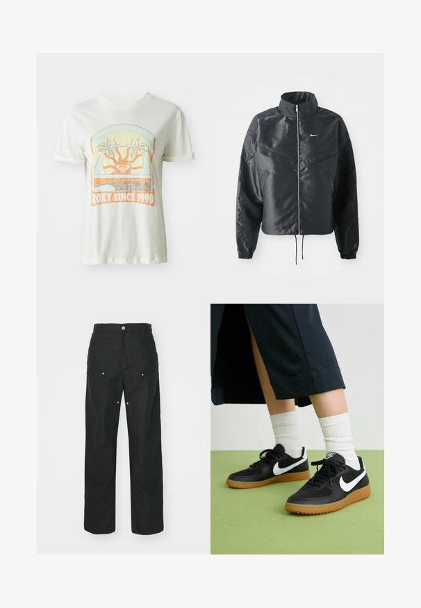 Czarna krótka kurtka z wysokim kołnierzem, zamek błyskawiczny, ściągacze z elastanu i białe logo Nike. Gładki, błyszczący materiał o lekko teksturowanej powierzchni.; Kremowa koszulka bawełniana z krótkim rękawem, z retro grafiką przedstawiającą palmy, słońce oraz napis "ROXY SINCE 1990" w pomarańczowych i turkusowych akcentach.; Czarne spodnie o prostym kroju, wykonane z fakturowanej tkaniny. Zawierają dekoracyjne srebrne akcenty oraz unikalne detale szwów.; Czarne skórzane i syntetyczne sneakersy z białym logo Nike, gumową podeszwą, okrągłym noskiem i czarnymi sznurowadłami. Widziane są ribbowane białe skarpetki.