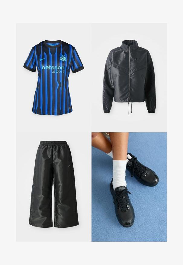 Čierna skrátená bunda s vysokým golierom, zipsovým uzatváraním, elastickými manžetami a bielym logom Nike. Hladká, lesklá tkanina s mierne textúrovaným povrchom.; Čierno-modrý pruhovaný futbalový dres s okrúhlym výstrihom. Obsahuje svetlo modré logo "betsson.sport" a okrúhly tímový erb na hrudi.; Čierne športové nohavice s lesklým, hladkým materiálom, ktoré majú elastický pás, široké nohavice a malé logo na ľavej strane.; Čierne tenisky Nike majú štruktúrovaný zvršok, lesklé akcenty a okrúhle šnúrky. Sú skombinované s bielymi rebrovanými ponožkami na svetlomodrom povrchu.