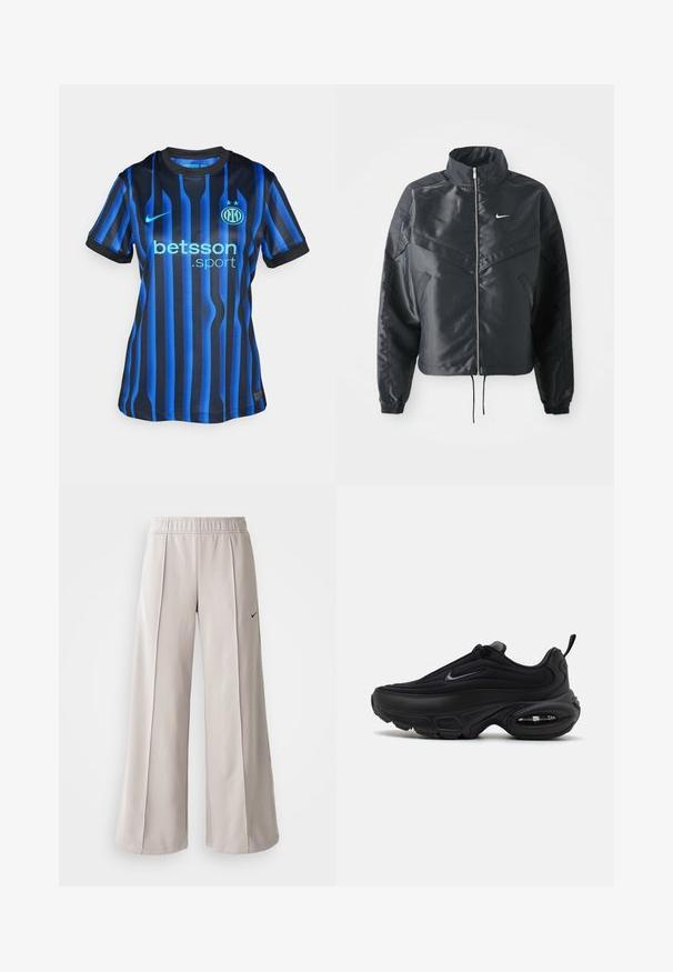 Veste noire courte avec col haut, fermeture éclair, poignets en élasthanne et logo Nike blanc. Tissu lisse et brillant avec une surface légèrement texturée.; Maillot de football à rayures noires et bleues avec un col rond. Présente le logo "betsson.sport" en bleu clair et un emblème d'équipe rond sur la poitrine.; Pantalons larges gris clair en tissu lisse. Comprend une taille élastique et un logo Nike noir sur le côté gauche.; Baskets de sport noires avec un dessus lisse et texturé. Dotées d'un bout arrondi, d'un col rembourré et d'un amorti d'air visible dans la semelle.