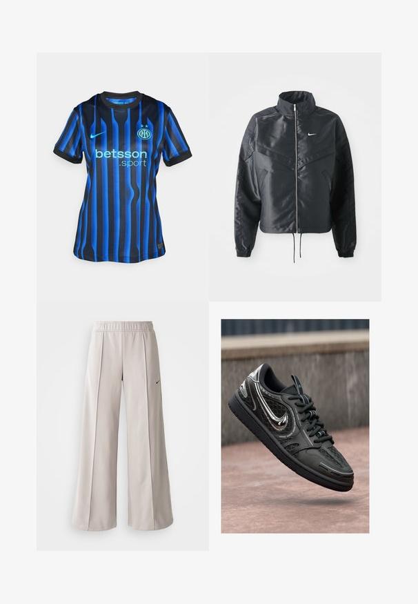 Casaco preto curto com colarinho alto, fecho de zip, punhos em elastano e um logótipo Nike branco. Tecido suave e brilhante com uma superfície ligeiramente texturizada.; Camisa de futebol listrada em preto e azul com gola redonda. Apresenta o logótipo "betsson.sport" em azul claro e emblema redondo da equipa no peito.; Calças largas de tom cinza claro feitas de tecido suave. Apresentam uma cintura elástica e o logo da Nike em preto no lado esquerdo.; Sapatilha preta com superfície texturizada, detalhes metálicos e padrão em malha. Apresenta atacadores tradicionais e sola de borracha lisa.
