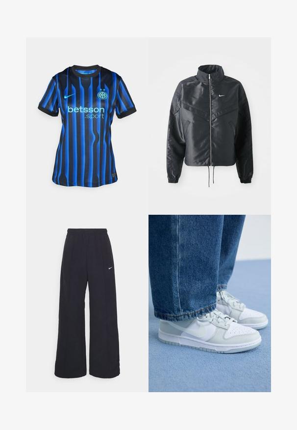 Casaco preto curto com colarinho alto, fecho de zip, punhos em elastano e um logótipo Nike branco. Tecido suave e brilhante com uma superfície ligeiramente texturizada.; Camisa de futebol listrada em preto e azul com gola redonda. Apresenta o logótipo "betsson.sport" em azul claro e emblema redondo da equipa no peito.; Calças largas pretas com um cós elástico e um pequeno logótipo branco da Nike. O tecido tem uma textura suave, projetado para conforto e uso casual.; Ténis Nike em couro branco e cinza claro com biqueira perfurada, atacadores planos e sola de borracha, combinados com calças de ganga azuis.