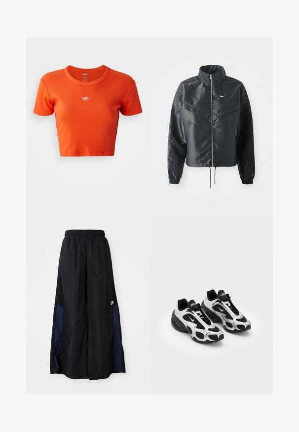 Fekete, rövidített dzseki magas gallérral, cipzáras záródással, elasztikus mandzsettákkal, és fehér Nike logóval. Simább, fényes anyag, enyhén textúrázott felülettel.; Narancssárga, rövidített fazonú póló bordázott anyagból, kerek nyakkivágással és apró fehér "obey" logóval hímzett mellrészen.; Fekete, bő szárú nadrág könnyű anyagból, tengerészkék oldalsó panellel és elasztikus derékkal. Kicsi fehér logó az alján.; Fekete és ezüst sportcipők, hálós és szintetikus felsőrész leírással, jellegzetes hullámos dizájnnal és párnázott nyakkal, valamint légpárnás talppal.