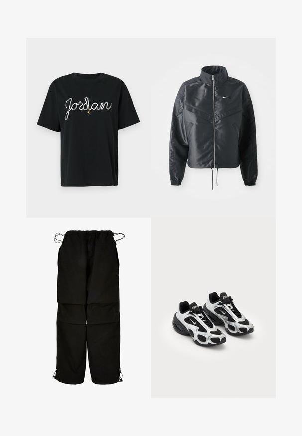 Black cropped jacket with high collar, zip closure, elastane cuffs, and a white Nike logo. Smooth, shiny fabric with a slightly textured surface.; Black cotton t-shirt with short sleeves featuring "Jordan" in rhinestones and a gold accent of a jumpman logo below the text.; Black pants made of lightweight fabric, featuring an adjustable waistband and drawstring hems. Designed with a loose, oversized fit and multiple pockets.; Black and silver athletic shoes with a mesh and synthetic upper, featuring a distinctive wavy design and padded collar, air cushioning in the sole.