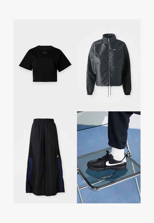 Černá zkrácená bunda s vysokým límcem, zipovým zapínáním, elastickými manžetami a bílým logem Nike. Hladká, lesklá látka s mírně strukturovaným povrchem.; Černé zkrácené tričko vyrobené z bavlny. Má krátké rukávy a kulatý výstřih. Obsahuje jemný detail loga na hrudi.; Černé kalhoty širokého střihu vyrobené z lehkého materiálu, s námořnickou modrou bočním panelem a elastickým pasem. Malé bílé logo na spodní části.; Černé tenisky Nike s bílými akcenty, s hladkou koženou texturou, šněrovacím designem a zaoblenou špičkou, umístěné na skleněné židli.