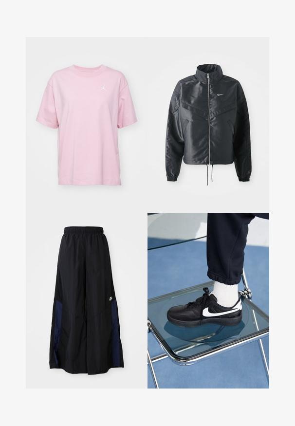 Black cropped jacket with high collar, zip closure, elastane cuffs, and a white Nike logo. Smooth, shiny fabric with a slightly textured surface.; Jordan TEE CORE 23 - Basic T-shirt - pink glaze/white; Black wide-leg pants made of lightweight fabric, featuring a navy blue side panel and an elastic waistband. Small white logo on bottom.; Black Nike sneakers with white accents, featuring a smooth leather texture, lace-up design, and rounded toe, positioned on a glass chair.