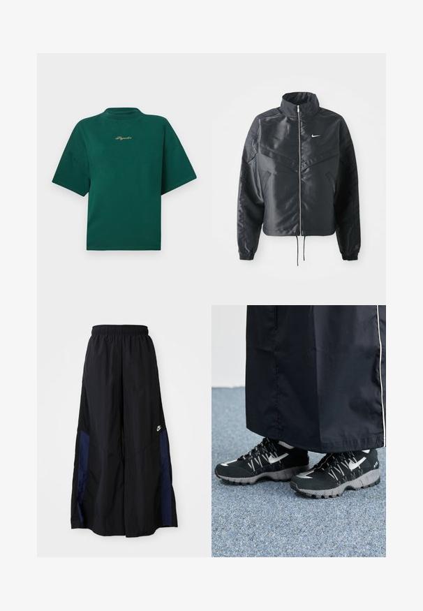 Casaco preto curto com colarinho alto, fecho de zip, punhos em elastano e um logótipo Nike branco. Tecido suave e brilhante com uma superfície ligeiramente texturizada.; T-shirt verde de algodão com gola alta, mangas curtas e um logo bordado em dourado no peito. Design simples e rectangular.; Calças largas pretas feitas de tecido leve, com um painel lateral azul-marinho e cintura elástica. Pequeno logótipo branco na parte inferior.; Tênis atléticos pretos com um cabedal texturizado, detalhes prateados e um solado estampado, combinados com uma peça longa preta. Ambientado sobre um tapete azul.