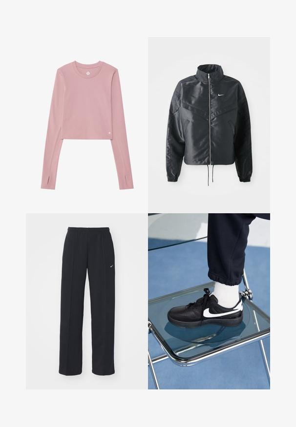 Black cropped jacket with high collar, zip closure, elastane cuffs, and a white Nike logo. Smooth, shiny fabric with a slightly textured surface.; Long-sleeve cropped top in soft pink fabric; features a round neck, thumbholes in the cuffs, and a small logo on the hem.; Black Nike jogger pants with an elastic waistband and side pockets, featuring a small white logo on the left leg and a straight fit design.; Black Nike sneakers with white accents, featuring a smooth leather texture, lace-up design, and rounded toe, positioned on a glass chair.