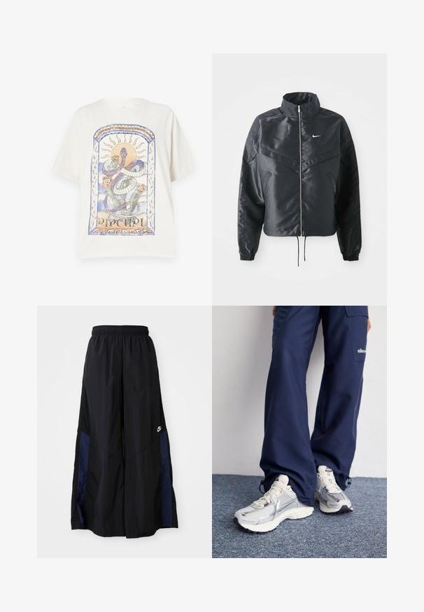 Must kolledžiga must lühike jope, millel on lukuga sulgus, elastne mansett ja valge Nike logo. Sile, läikiv kangas, millel on veidi tekstureeritud pind.; Kreemivärvi puuvillane t-särk, millel on värvikas graafiline disain, mis sisaldab madu, päikest ja lilli sinistes ja oranžides toonides, tekstiga "RIP CURL."; Mustad laiad mustad püksid kergest kangast, millel on tumesinine külgpaneel ja elastne vöökoht. Väike valge logo allservas.; Nike spordijalatsid hõbedase võrkkanga ülaosaga, valgete aktsentidega ja tekstuuriga tallad, koos laia lõikega tumesiniste pükstega.