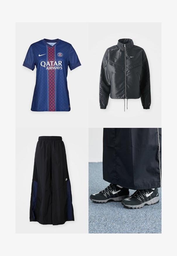Melna apgriezta jaka ar augstu apkakli, rāvējslēdzēja aizdari, elastīna aprocēm un baltu Nike logo. Gluda, spīdīga auduma ar nedaudz teksturētu virsmu.; Parīzes Saint-Germain futbols krekls zilā krāsā ar sarkaniem un baltajiem ģeometriskajiem rakstiem, ar apaļu kakla izgriezumu, īsām piedurknēm un logotipu uz krūtīm.; Melni plata kāju bikses no viegla auduma, ar tumši zilu sānu paneli un elastīgu jostu. Mazs balts logotips apakšā.; Melnas sporta kurpes ar teksturētu augšdaļu, sudraba akcentiem un zīmējuma zoli, apvienotas ar melnu garu apģērbu. Fons ir zils paklājs.