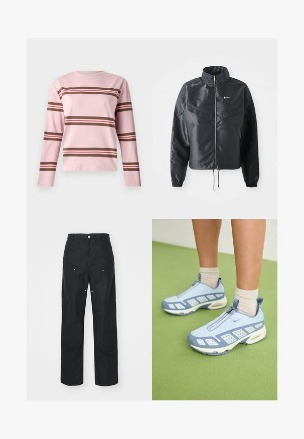 Schwarze, verkürzte Jacke mit hohem Kragen, Reißverschluss, Elastan-Ärmeln und einem weißen Nike-Logo. Glattes, glänzendes Material mit leicht strukturiertem Oberflächeneffekt.; Langärmliges pinkes T-Shirt aus Baumwolle, mit horizontalen Streifen in Braun, Rot und Weiß. Rundhalsausschnitt und lockere Passform.; Schwarze Hose mit geradem Bein, aus einem strukturierten Stoff. Verfügt über dekorative silberne Hardware und einzigartige Nahtdetails.; Hellblaue Sportschuhe mit weißen Akzenten, strukturierten Bereichen und einem Reißverschluss. Sie verfügen über eine sichtbare Luftpolster-Sohle und eine Gummisohle.