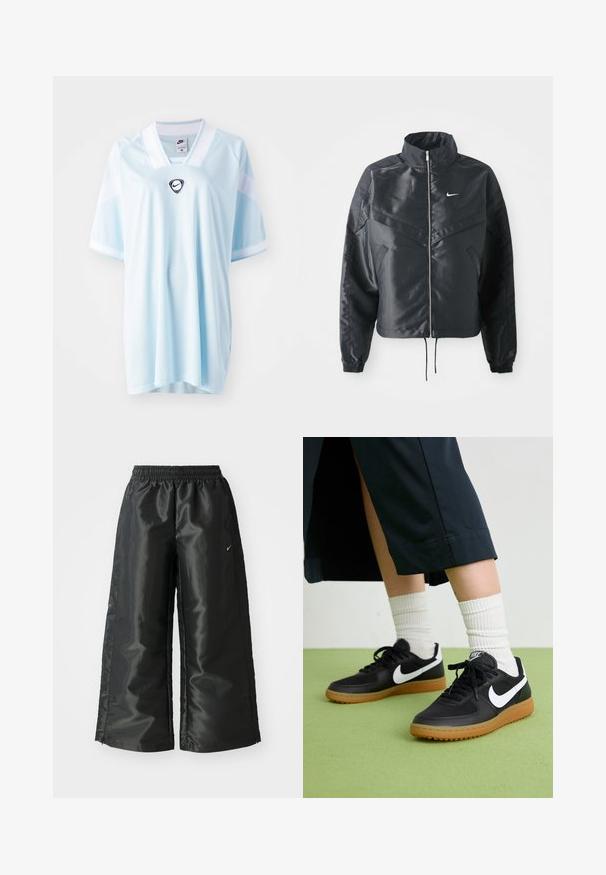 Černá zkrácená bunda s vysokým límcem, zipovým zapínáním, elastickými manžetami a bílým logem Nike. Hladká, lesklá látka s mírně strukturovaným povrchem.; Světle modrý dres Nike s v-dekoltem, krátkými rukávy a černým logem Nike uprostřed. Vyrobeno z prodyšného, texturovaného materiálu.; Černé sportovní kalhoty z lesklé, hladké látky, s elastickým páskem, širokými nohavicemi a malým logem na levé straně.; Černé kožené a syntetické tenisky s bílým logem Nike, gumovou podrážkou, kulatou špičkou a černými tkaničkami. Viditelné žebrované bílé ponožky.
