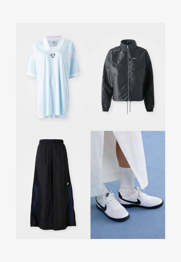 Svart kort jacka med hög krage, dragkedja, ärmslut i elastan och en vit Nike-logotyp. Slät, glänsande tyg med en något strukturerad yta.; Ljusblå Nike-tröja med v-ringning, korta ärmar och en svart Nike-logotyp i centrum. Tillverkad av ett ventilerande, strukturerat tyg.; Svarta vida byxor gjorda av lättviktig tyg, med en marinblå sid panel och ett elastiskt midjeband. Litet vitt logotyp nertill.; Vita Nike-sneakers med svarta accenter, som har en smidig läderöverdel, vita snören och hållbara gummisulor, tillsammans med vita ribbade strumpor.