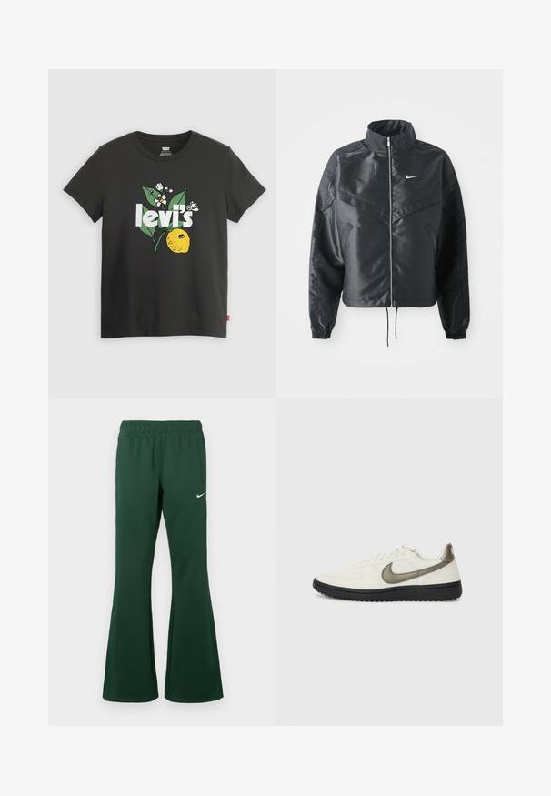 Black cropped jacket with high collar, zip closure, elastane cuffs, and a white Nike logo. Smooth, shiny fabric with a slightly textured surface.; Black cotton t-shirt featuring a lemon graphic, white text reading "levi's," and floral accents in green and white. Short sleeves, crew neck.; Dark green Nike track pants with elastic waistband, side pockets, flared legs, and white Nike swoosh logo on the left thigh.; Nike Sportswear FIELD GENERAL - Trainers - off-white/black